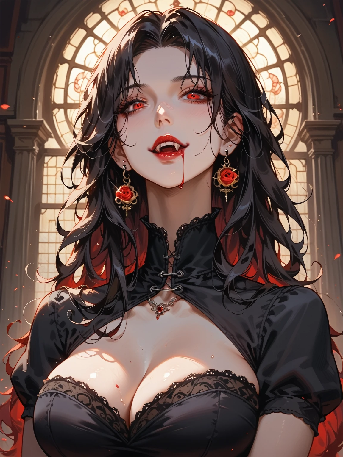 alice vampire score_9, score_8_up, score_7_up,source_anime, Intellectual Cool Beauty, Long hair, curly black Hair, Lustrous Face, Compensating, piercing red Eyes, Large Piece, Black Gothic Dress, fluttering hair, milf, mama, huge breasts, Dim Basement Background, Shading Effect, Gradient Magic Effect, soft light, Fog Filter Effect, Glitter Effect Great Effects, (Super Detail, High Resolution, Best Quality), Delicate and Dynamic