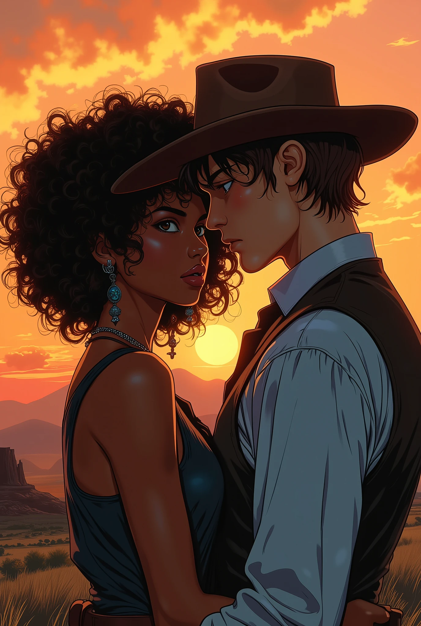 ne0nfant4sy, cowboy shot, masterpiece, western comics style, a painting of a stunningly beautiful couple. Woman of , black woman with curly brown hair type 4c medium, Round face, full cheeks, eyes browns, in American college clothes, dainty, looking at him with an angry look, and a tall man, stark, with a mischievous look, blue colored eyes, Medium Brown Hair, expert, 2, dark romance