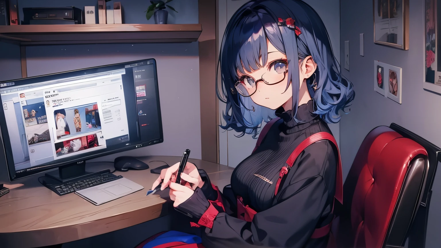 ((  best quality ))、((masterpiece))、(  Details)、wallpaper、非常に Details、(((非常に Detailsな目と顔)))、masterpiece、 best quality、 sit on a chair　In front of the computer　I'm writing holding a pen tablet in my hand、Glasses、 Detailsに、、 short hair、Blue Hair Color、Curly hair、、Delicate fingertips、 black turtleneck、Glasses、 Long Sleeve 、　 red skirt