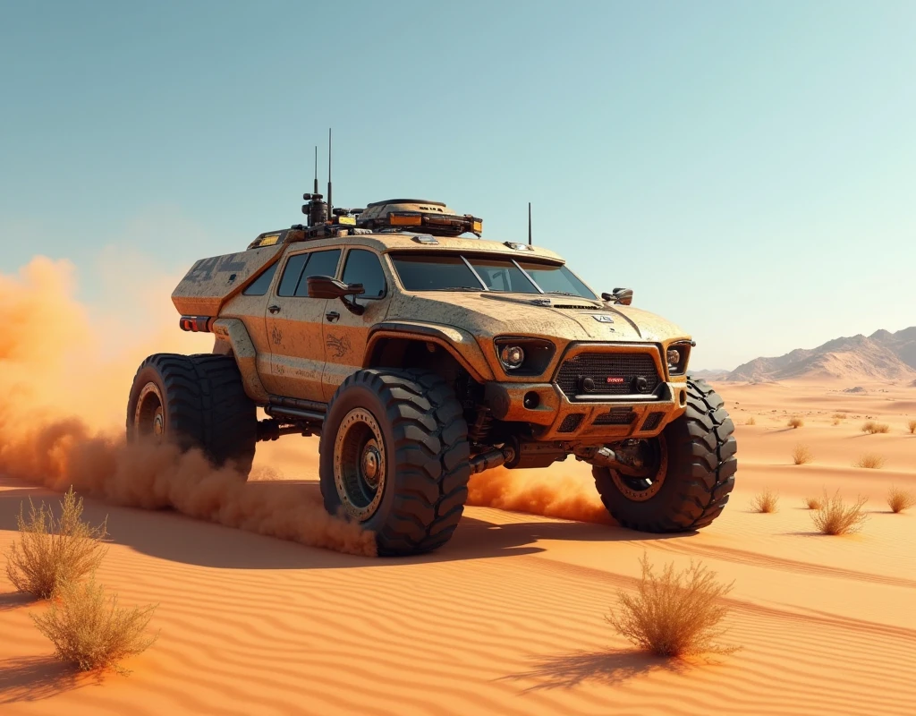 Modified defender riding in the desert 