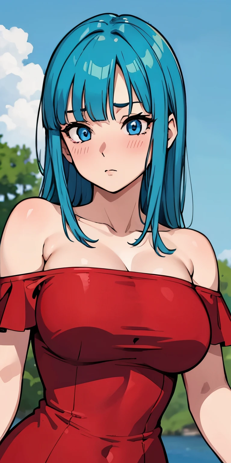 1 Female,High definition,high resolution,Ultra-realistic,8K, 1girl,maron,(red short dress), bare shoulder,(blue eyes,aqua hair,blunt bangs),off shoulder, large breasts,European,sexy,Upper body close-up,Photographed from the front,Dynamic Angles,(blush), (medium tits) 