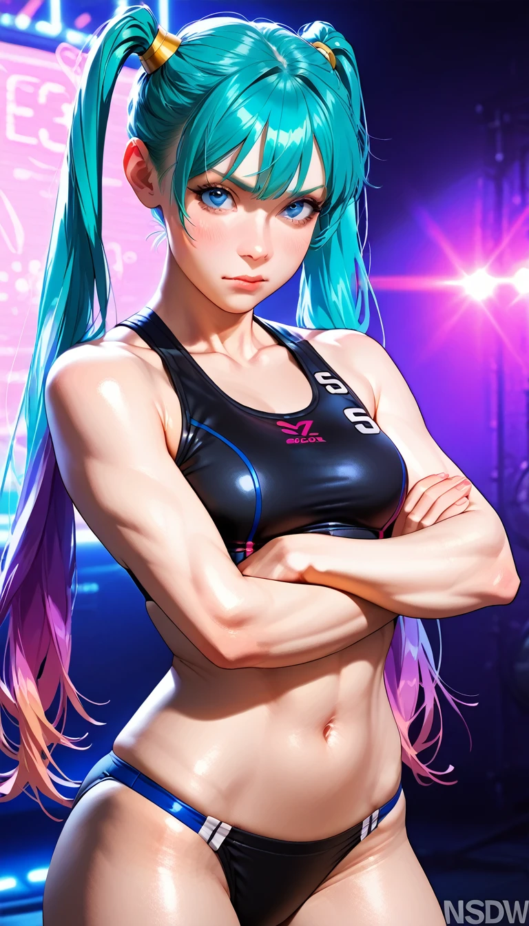Jinx, Fleshy thighs, Instagram pose,Dynamic angle, Show armpits, ((Sportswear, C cup)), Happy expression, (Entire body image:1.5), (8K, Best quality, A high resolution:1.35), (RAW photo:1.2), (Photorealistic:1.37), (Masterpiece: 1.25), Dramatic lighting, Photon maping, Symmetry, Complexity, Elegance, (1 girl), Large of breast, Long eyelashes, Detailed eyelashes, Eye shadows, Glowing eyes, ((Natural makeup, Clear facial features)), ((Curvy build, Showing stomach)), ((Fine detailed beautiful eyes: 1.2)), Bad girl, Erotic, ((Track field background, Night))