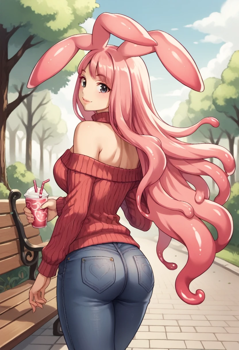 1girl, Clover-Shaped Pupils, Symbol-Shaped Pupils, black eyes, long hair, pink hair, animal ears, rabbit ears, slime girl, outdoors, walking, park, bench, ass, jeans, sweater, turtleneck, bare shoulders, holding drink, smile, looking at viewer, upper body score_9, score_8_up, score_7_up, score_6_up, score_5_up, score_4_up, BREAK source_anime, masterpiece