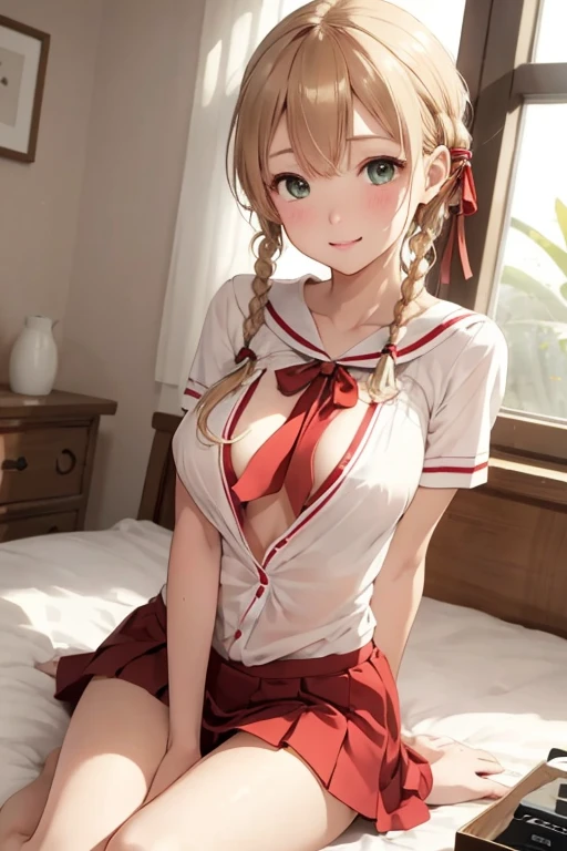 4K、 best quality、 ultra high resolution、 greatest masterpiece、 Anatomically Perfect Human Body 、Thin, clear lines 、The cutest in the world、 quiet and gentle 、Glowing White Skin、 Super Delicate Hair 、 medium hair、Shining blonde、 straight braids tied with a ribbon under the left and right ears、 and very young faces、 looking at the camera、Droopy eyes、 very large gentle eyes with lowered eyes 、Smiling so gently 、 quiet and gentle as a shining green iris 、 Dark Green Pupils 、Wet pink little lips 、Cheeks、 very large breasts、 white short-sleeved thin silk sailor suit with red lines 、 shiny satin red ribbon on the chest 、 Open your legs wide and flip through the pleated skirt to show off your very small and cute panties、 thin leather belt 、Thin leather watch 、 pure white lace socks 、Brown student bag 、Her cute room 、Cute Bed、 very bright sunlight through the window、really like、Super big boobs sticking out of a bra 、 I suddenly wanted to have sex、 I want to have so much sex 、