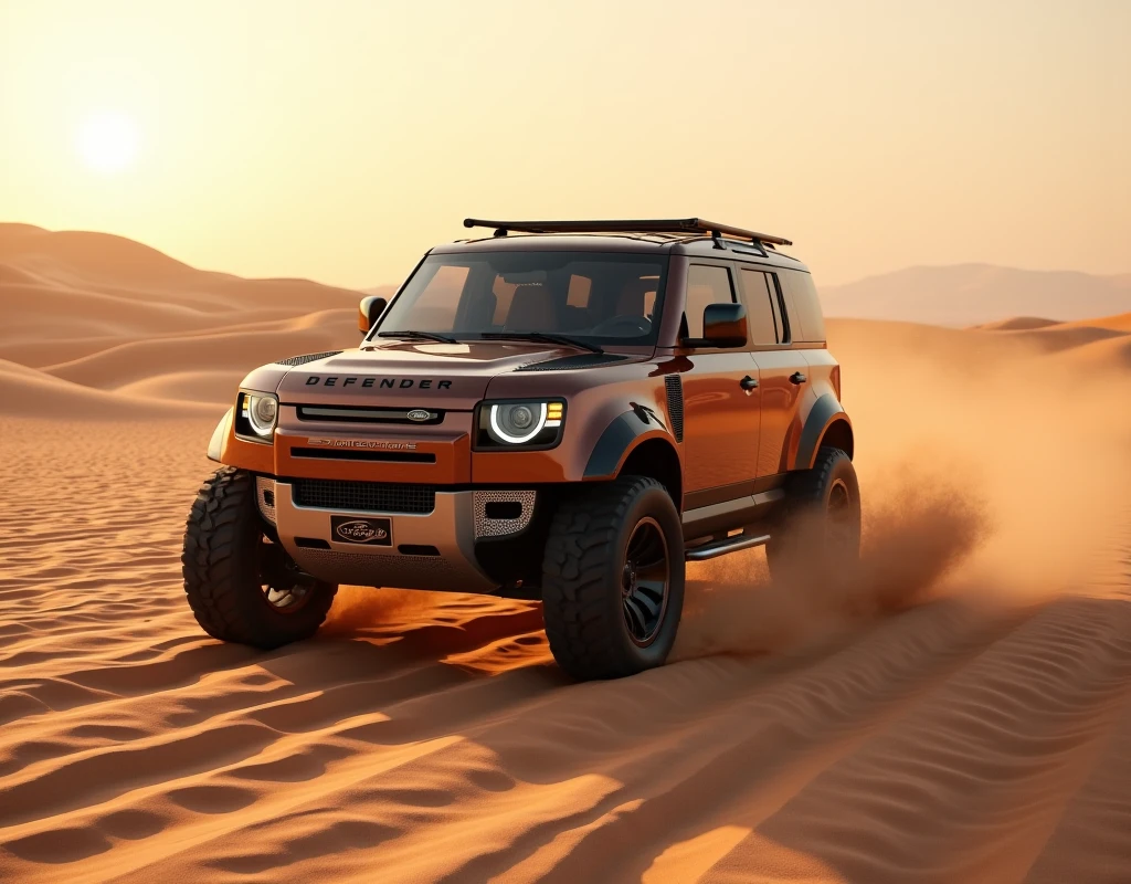 Modified Land Rover defender riding in the desert 