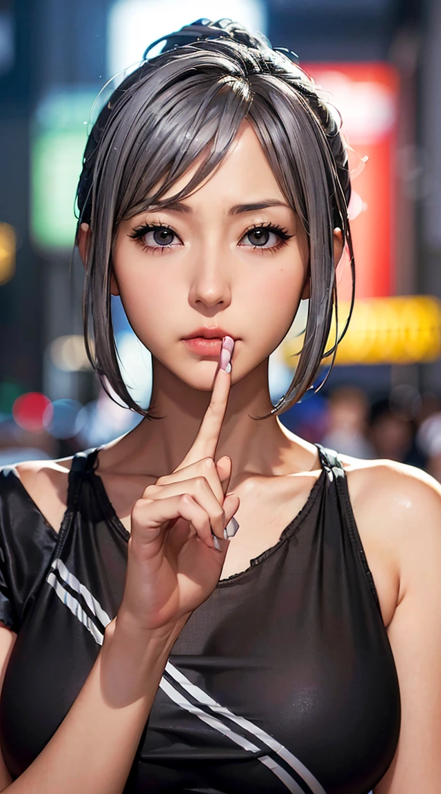 (((Meiko ))),((Stern face))(8k,   RAW photo, masterpiece:1.3), (Realistic, photo-Realistic:1.37), (  knight ), ( Viewers:1.331), (Grey Hair),  pose, tokyo street,   knight cityscape,   Cyberpunk City , Soft light,   1 girl,    beautiful face ,   Bust, Put your hands down,  Random Hair Style  , Random Expressions, Big Eyes,   Lower abdomen  ,   Mix 4.,   best quality,