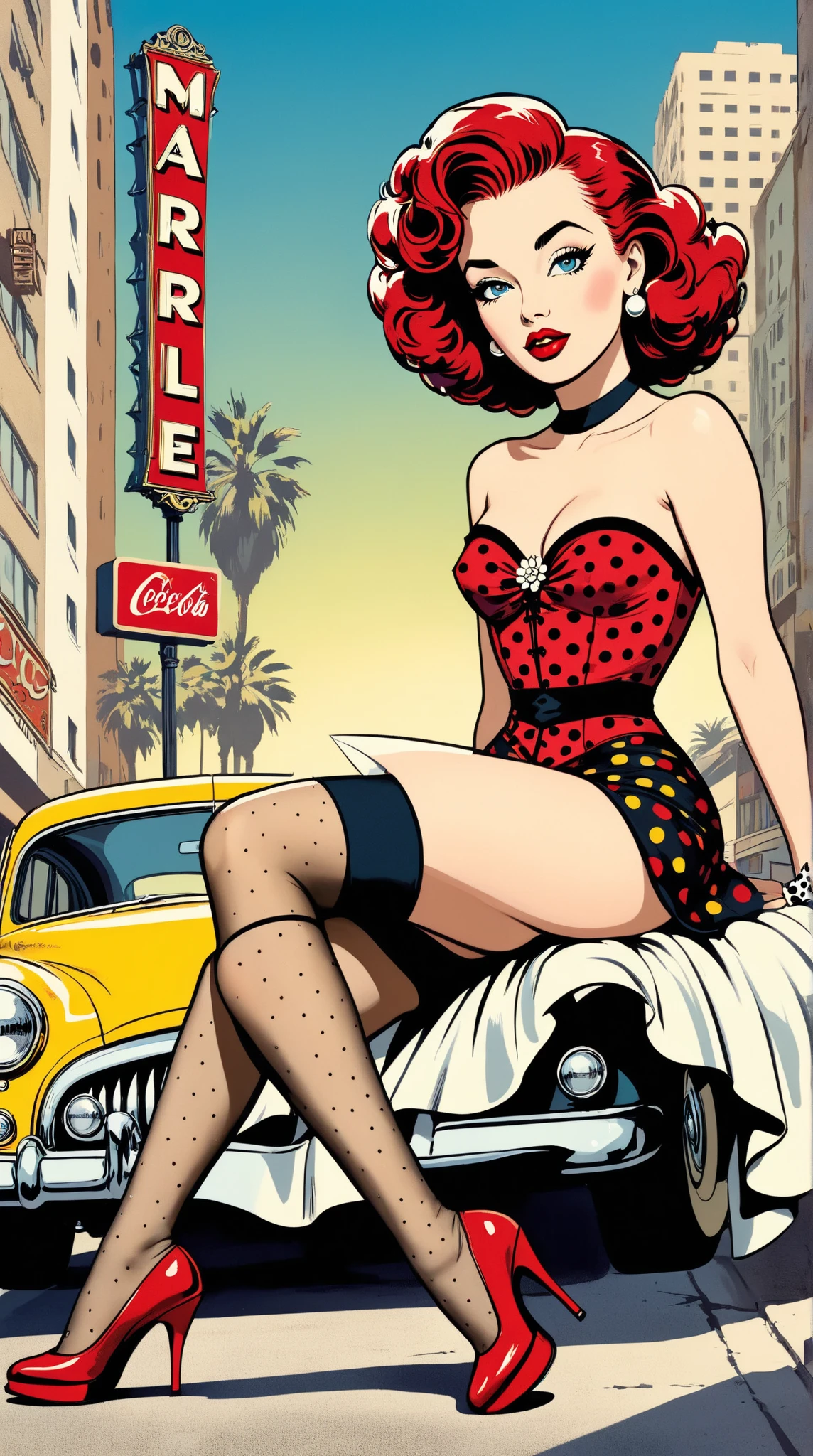 ultra-high-definition, hyper-realistic, bold pop art colors, 1950s pin up art inspired, exquisite nostalgic details, captivating feminine figure, American Graffiti, Andy Warhol, Roy Lichtenstein, George Petty influenced, high-heeled shoes, polka dot dress, stockings, corset, ruby red lips, flowing curly hair, floral adornments, pearls, oversized sunglasses, Art Deco patterned background, sunny Los Angeles street scene, vintage cars, warm golden hour light