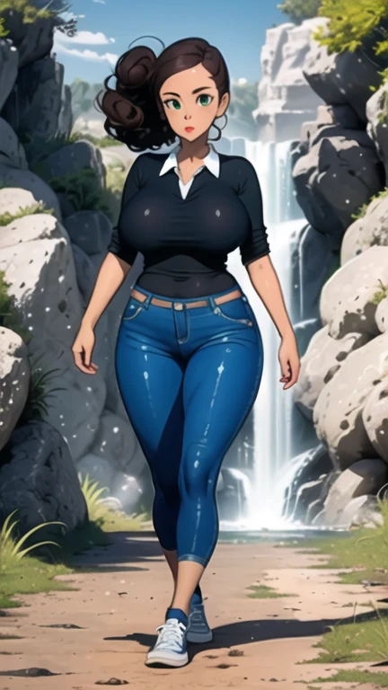 (masterpiece, best quality:1.4), brown hair, green eyes, curvy, female, dark-skinned female, tan, 1girl, solo, mature female, breasts, white shirt, blue jeans, teacher, collared shirt, curvy, red lipstick, outdoors, rocks, gravel road, waterfall, walking, close-up, wearing Converse sneakers, without socks, full body image