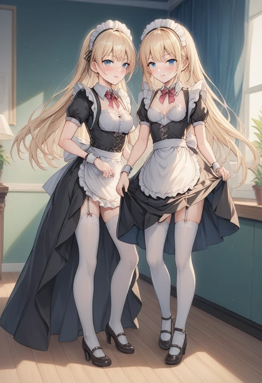 score_9, score_8_up, score_7_up, score_6_up, score_5_up, score_4_up,evaluation_explicit,source_anime, 
BREAK 
Full body image 
BREAK 
Only girls
BREAK 
Long skirt,maid outfit,Small breasts、Height:120cm 
BREAK
Long skirt,maid outfit,garter belt,White Stockings,Lace pants, no bra
BREAK
Maid Being Violated
BREAK
羞恥心、頬が赤い 
BREAK 
Lifting her skirt to show her underwear
BREAK 
Embarrassed expression when underwear is seen