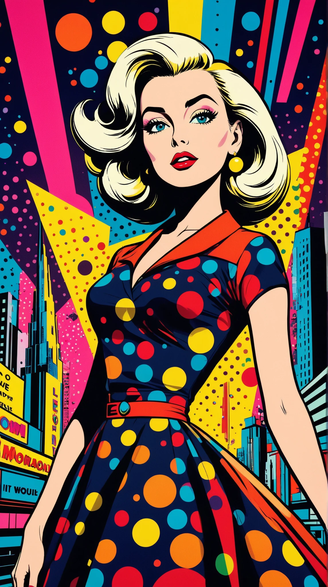 vibrant pretty woman in 1950s style dress, bold graphic shapes, futuristic cityscape, Ben-Day dots, colorful bold typography, Andy Warhol, Roy Lichtenstein inspired, dramatic primary colors, strong contrast, low-angle shot, glowing neon lights, abstract geometric patterns, elegant pose, confident facial expression