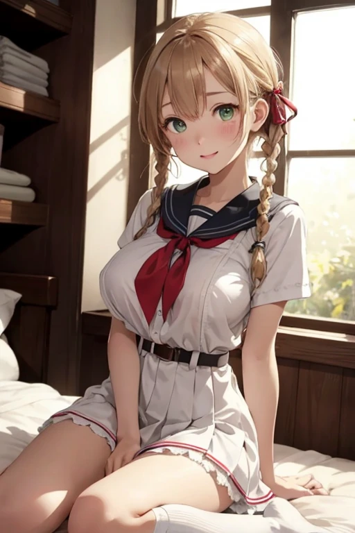 4K、 best quality、 ultra high resolution、 greatest masterpiece、 Anatomically Perfect Human Body 、Thin, clear lines 、The cutest in the world、 quiet and gentle 、Glowing White Skin、 Super Delicate Hair 、 medium hair、Shining blonde、 straight braids tied with a ribbon under the left and right ears、 and very young faces、 looking at the camera、Droopy eyes、 very large gentle eyes with lowered eyes 、Smiling so gently 、 quiet and gentle as a shining green iris 、 Dark Green Pupils 、Wet pink little lips 、Cheeks、 very large breasts、 white short-sleeved thin silk sailor suit with red lines 、 shiny satin red ribbon on the chest 、 Open your legs wide and flip through the pleated skirt to show off your very small and cute panties、 thin leather belt 、Thin leather watch 、 pure white lace socks 、Brown student bag 、Her cute room 、Cute Bed、 very bright sunlight through the window、really like、Super big boobs sticking out of a bra 、 I suddenly wanted to have sex、 I want to have so much sex 、