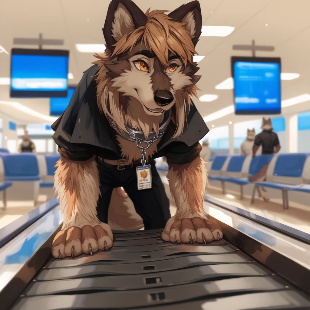 score_9, score_8_up, score_7_up, score_6_up,   a very extra long haired, anthro furry, wolf, wearing  black poncho with waistband, Chain collar, badge on the chain collar, sniffling luggage with it's nose, furry wolf on the conveyor belt, furry wolf on the conveyor belt, airport terminal room, crouch walking 