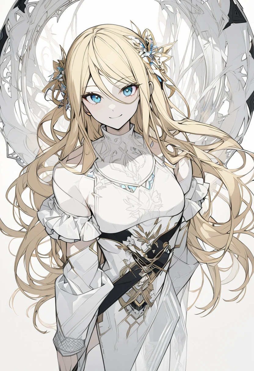 (Line Art,monochromesketch,Pencil drawing,traditional media:0.9), 1girl, breasts, solo, horns, long hair, albedo (overlord), wings, large breasts, dress, hip vent, black wings, white gloves, gloves, looking at viewer, black hair, white dress, bare shoulders, hair between eyes, yellow eyes, feathered wings, demon horns, smile, feathers, demon girl, cleavage, slit pupils, detached collar, bangs, very long hair, closed mouth, black feathers, cowboy shot, covered navel, elbow gloves, white horns, standing, demon wings ,