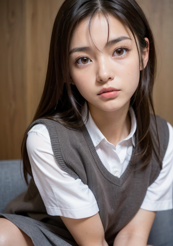 best quality, face focus, soft light, ultra high res, (photorealistic:1.4), RAW photo,
1japanese girl, solo, cute, (shy smile:0.5), (brown eyes, lights in the eyes),  detailed beautiful face, (small chest),(high resolution detail of human skin texture),
(long hair), 	sow off nipples under white shirt
sit couch,
school uniform, vest, skirt