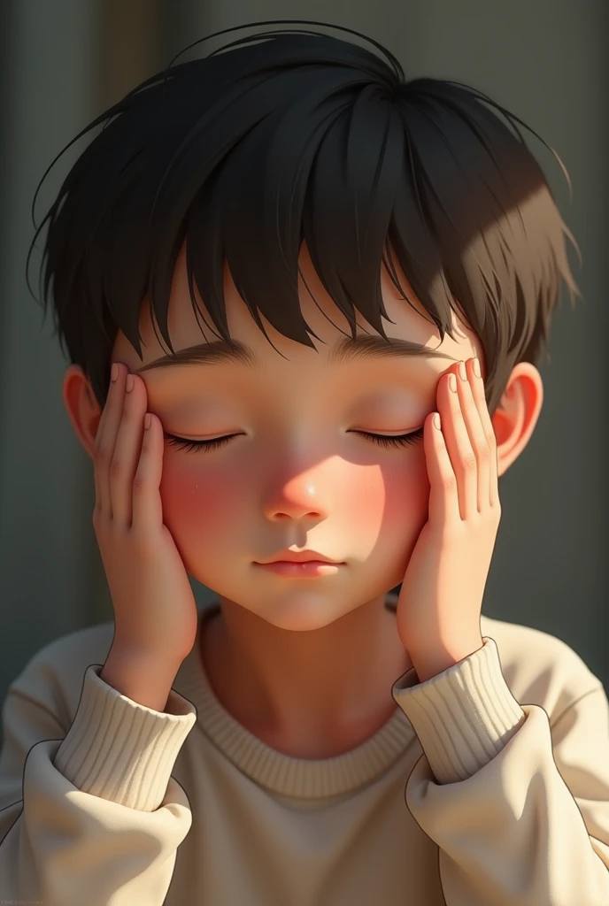 Create for me a 7 year old child with an expression of shame, include red cheeks