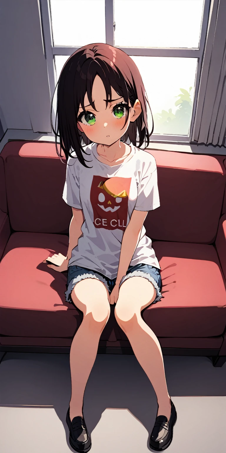 nagatoro :   A cute girl dressed in a t-shirt and short denim shorts ,  In front of me full body  ,  sitting on the couch leg , While fiddling with the cell phone  