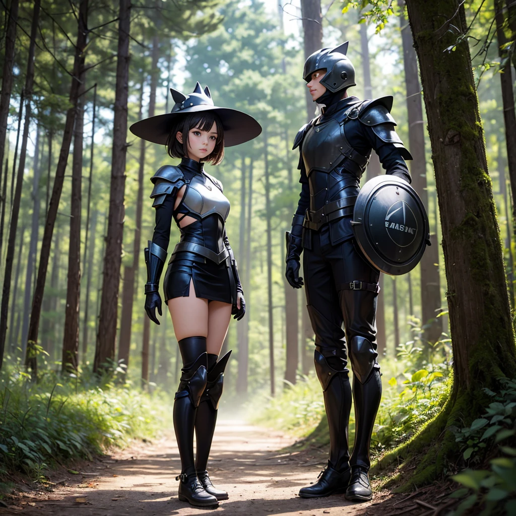 Girl, , short hair, wearing carbon armor, holding shield, carbon skirt, short leg, standing in the middle of the forest, carbon hat