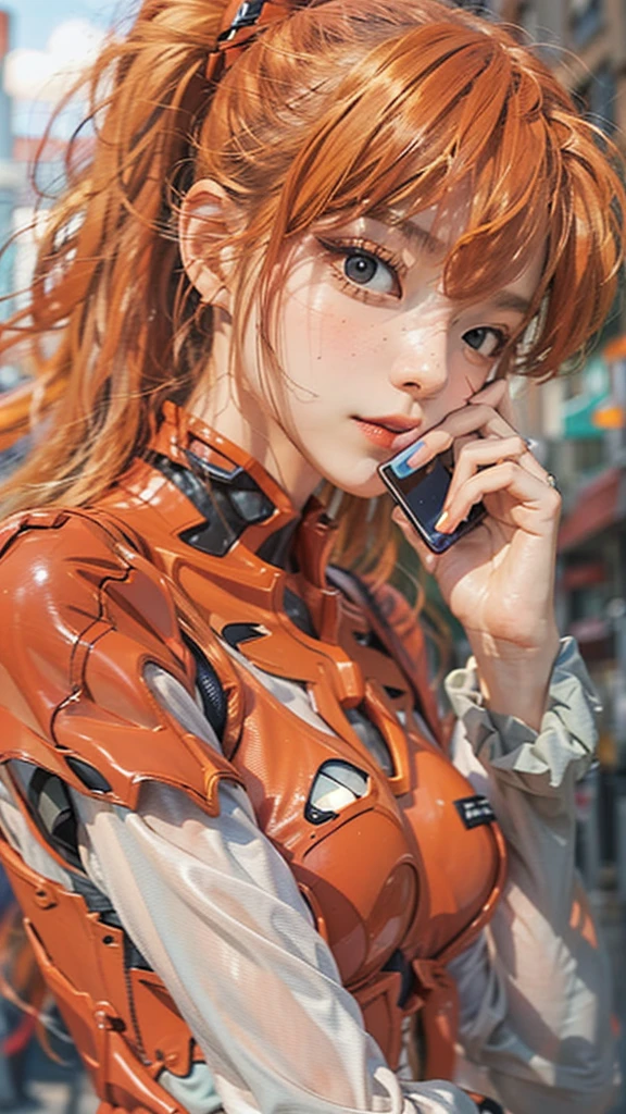 Asuka Langley Evangelion, a stunning woman, confidently using her phone on a vibrant city street in trendy attire.