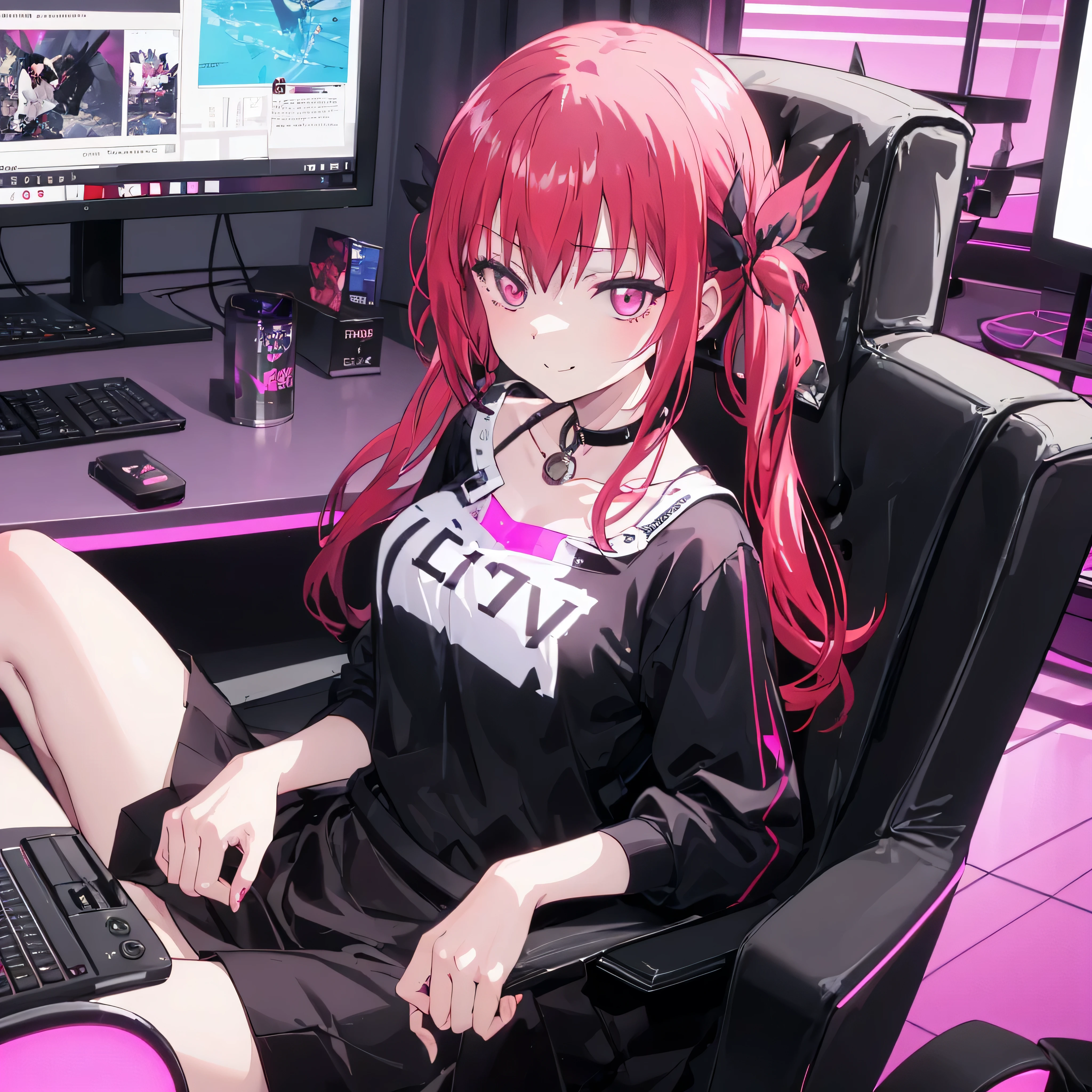  nice room night time
Satanichia McDowell dressed in comfortable black clothes and a long skirt .
 detailed magenta eyes and red hair tied with 2 pigtails 
gentle look with a nice smile
Sitting in a chair with a gaming PC with neon lighting.
( hands of her fingers and arms detailed ) 
 and wearing a nice accessory around her neck .
Beautiful lonely girl ,  medium breasts 