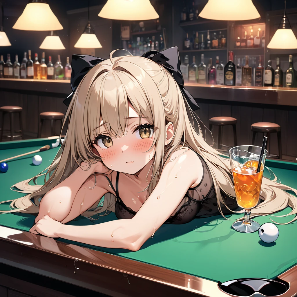 (masterpiece, best quality, absurdres), 1girl, solo, solofocus, white hair, long hair, heterochromia, green eye, yellow eye, medium to large breasts, ager, closeup, indoors, night, pool table, playboy bunny, black bunny outfit, gold bowtie, whte collar, neon lights, slot machines