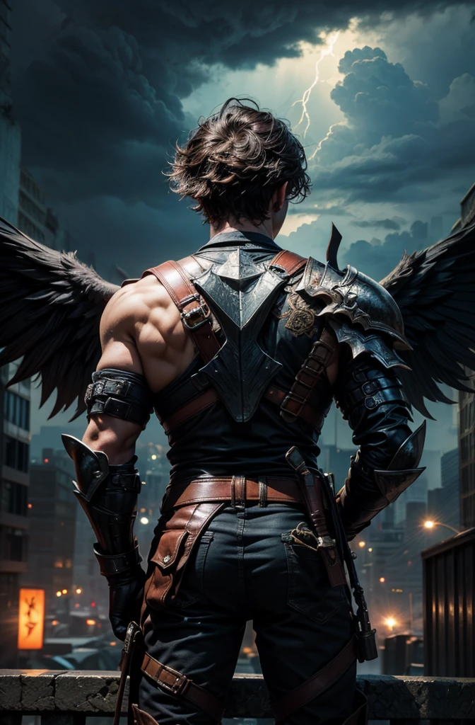  Masterpiece, PHOTOREALISTIC HIGHLY DETAILED 8K PHOTOS , Best Cinematic Quality,  Sleek Haired Boy with Dirty Dark Hair chhdsrmr hlhdsrmr nhdsrmr,  Fighting Stance ,   Dramatic Thunderstorm on Cityscape Background ,( mask ),(Black Armor)
(Wings on your back),( knives),(whole body), cowboy shot, 