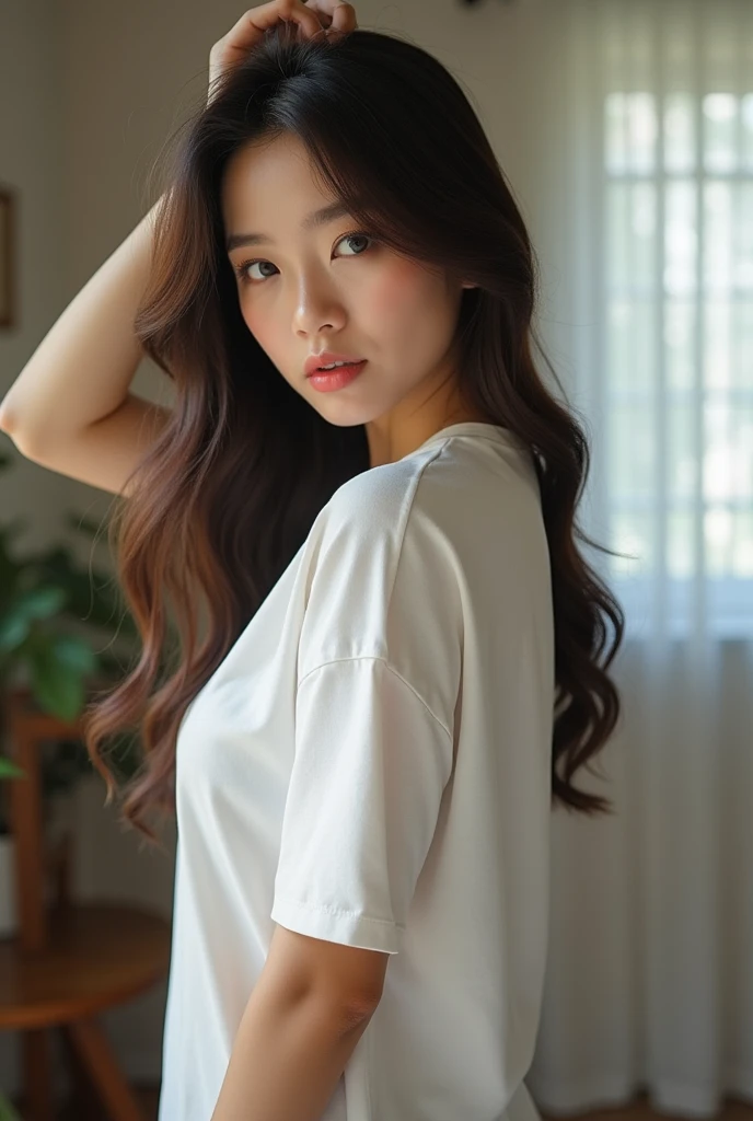 japanese modest female,light brown hair,white t-shirt, gray sweat pants,large tareme,curvy,medium hair,portrait