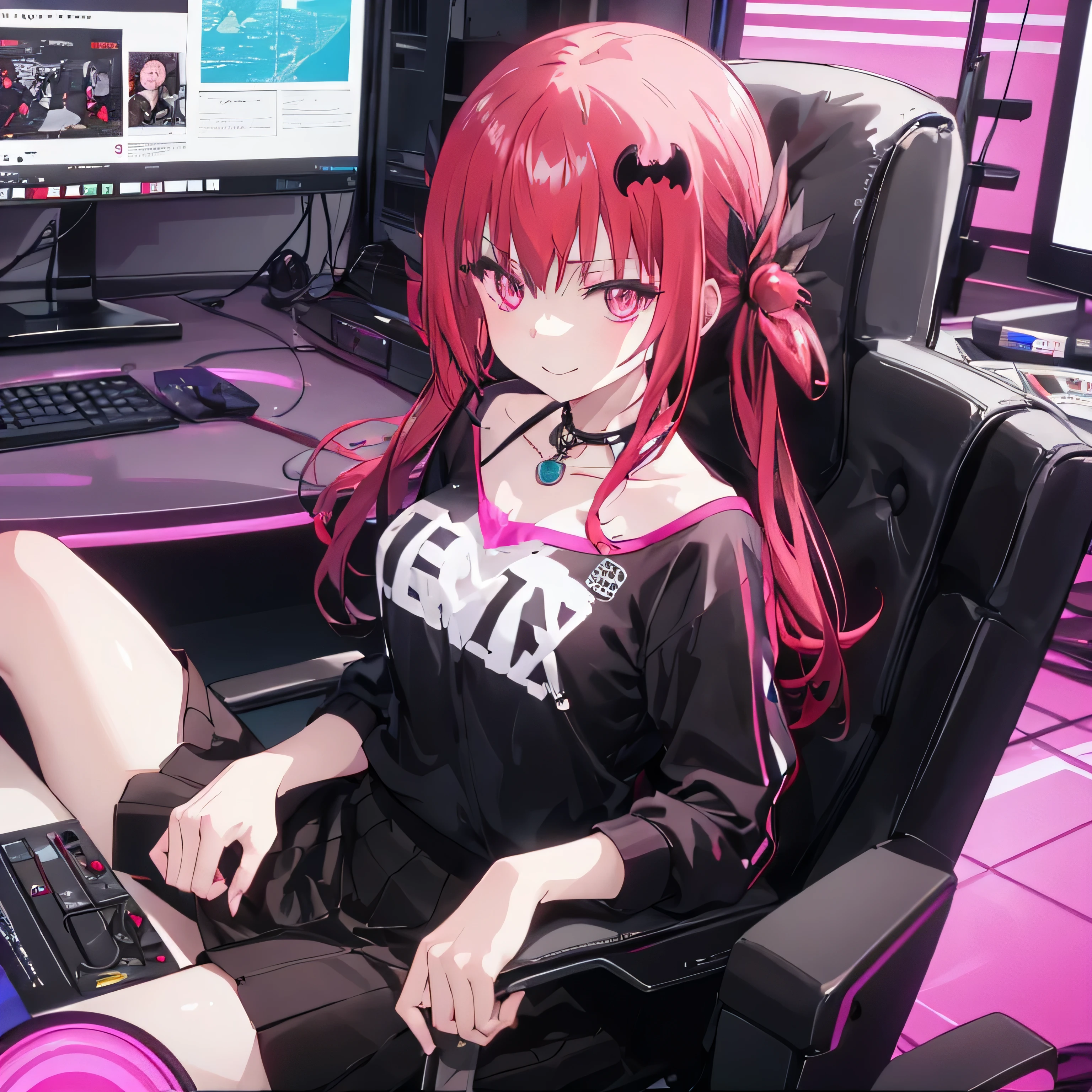  nice room night time
Satanichia McDowell dressed in comfortable black clothes and a long skirt .
 detailed magenta eyes and red hair tied with 2 pigtails 
gentle look with a nice smile
Sitting in a chair with a gaming PC with neon lighting.
( hands of her fingers and arms detailed ) 
 and wearing a nice accessory around her neck .
Beautiful lonely girl ,  medium breasts 