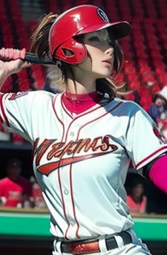 A very beautiful woman wearing a Hiroshima Carp uniform,Hitting at Giants Stadium、 bat