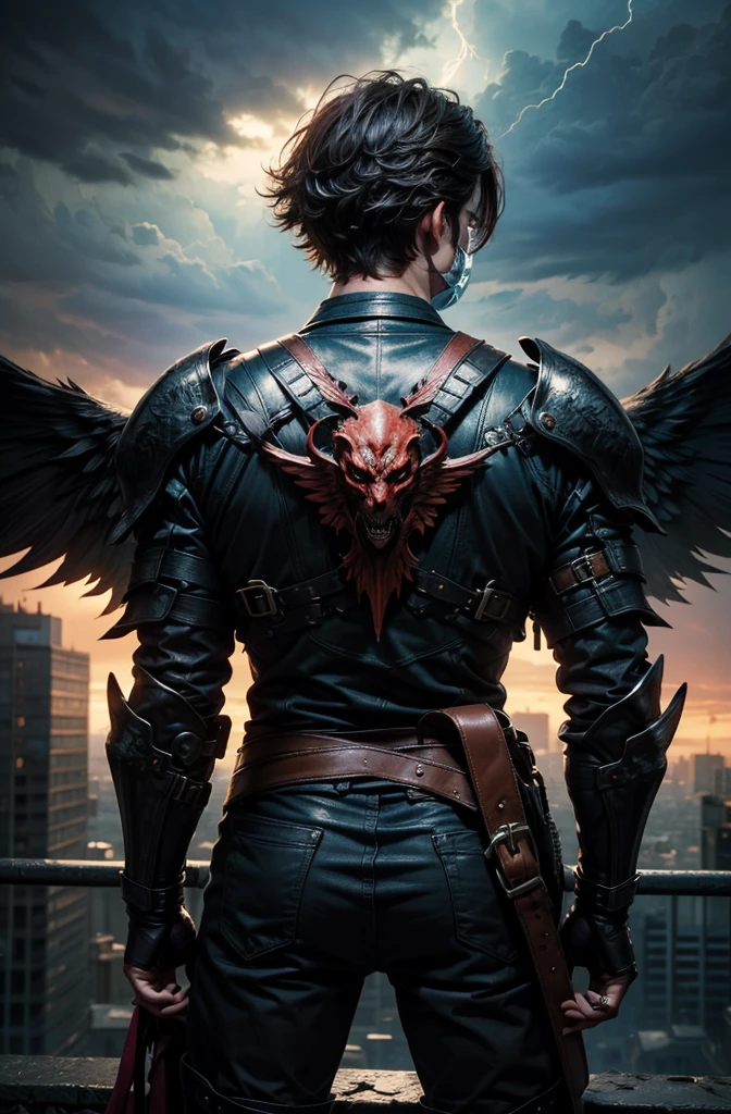  Masterpiece, PHOTOREALISTIC HIGHLY DETAILED 8K PHOTOS , Best Cinematic Quality,  Sleek Haired Boy with Dirty Dark Hair chhdsrmr hlhdsrmr nhdsrmr,  Fighting Stance ,   Dramatic Thunderstorm on Cityscape Background ,( mask ),(Black Armor)
(Wings on your back),(whole body), cowboy shot, 
((キック))