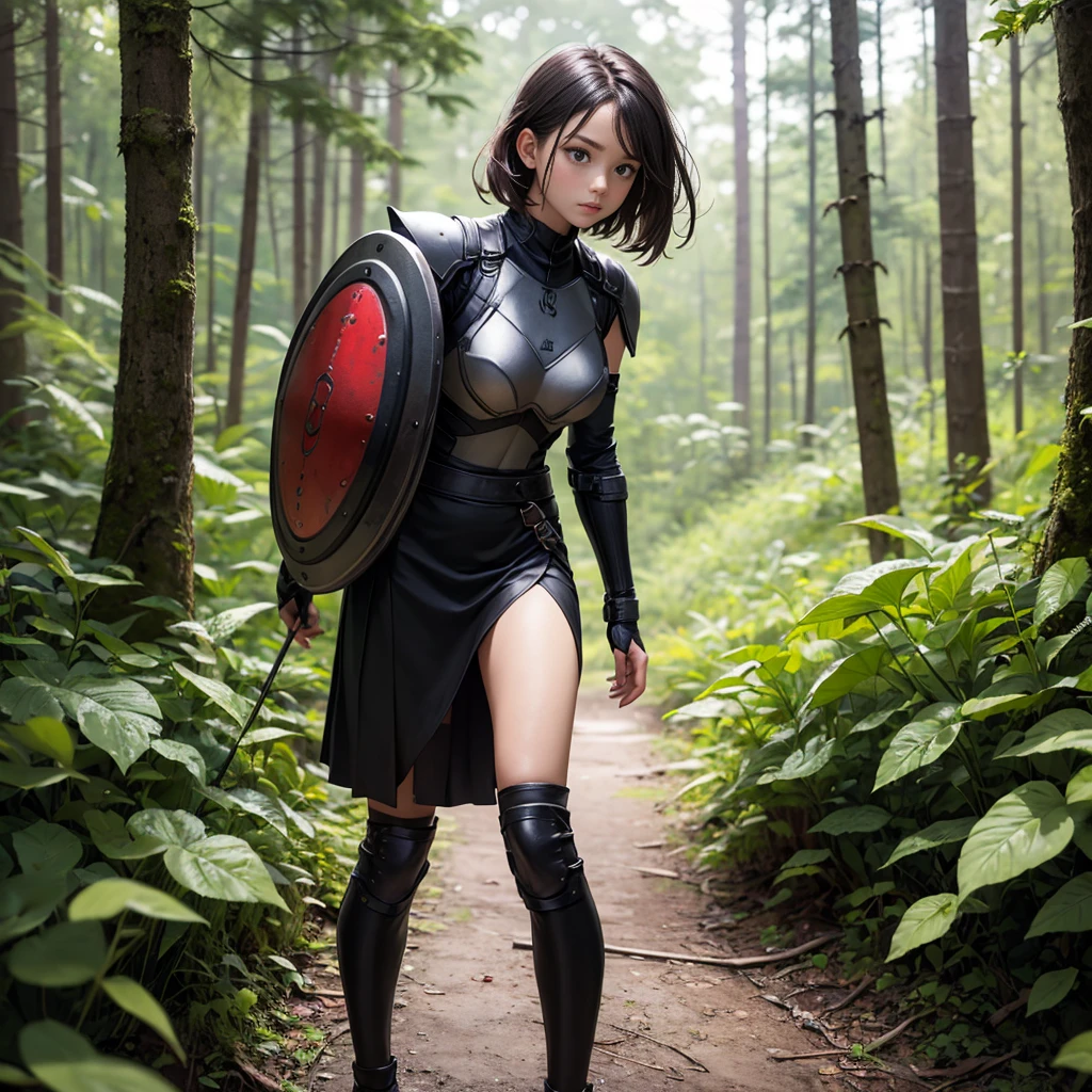 Girl, , dirty hair, wearing carbon armor, holding shield, short-legged carbon skirt, standing in the middle of the forest