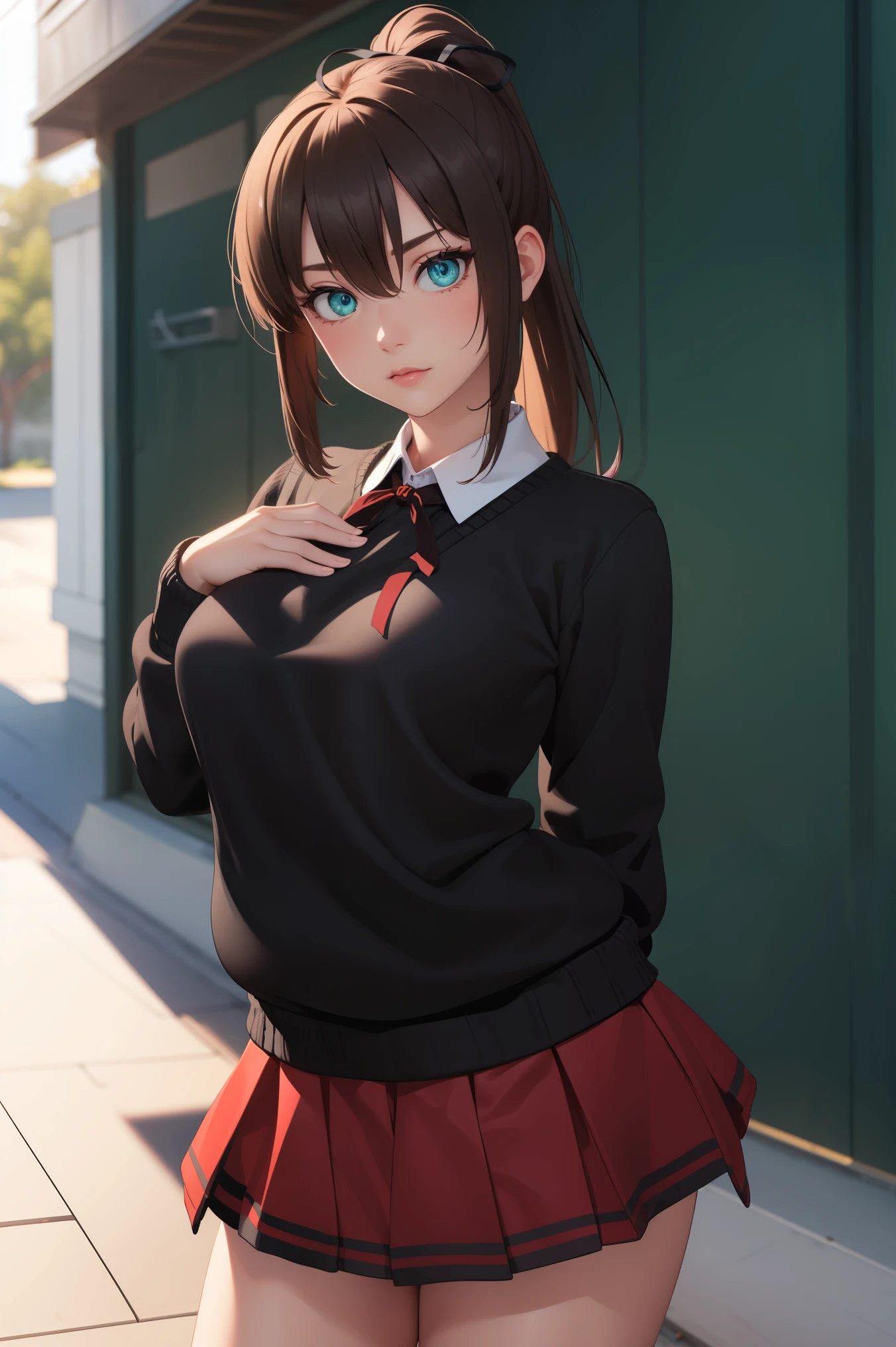 ponytail, hair bow, , green eyes, ( big breasts at the temple:0.6), 
BREAK ((school uniform, black sweater, neck ribbon, black ribbon, red skirt:1.5))
BREAK looking at viewer, ((HANDS BEHIND BACK:1.5)) , depth of field,
BREAK (masterpiece:1.2), best quality, high resolution, unity 8k wallpaper, (illustration:0.8), (beautiful detailed eyes:1.6), extremely detailed face, perfect lighting, extremely detailed CG, (perfect hands, perfect anatomy),