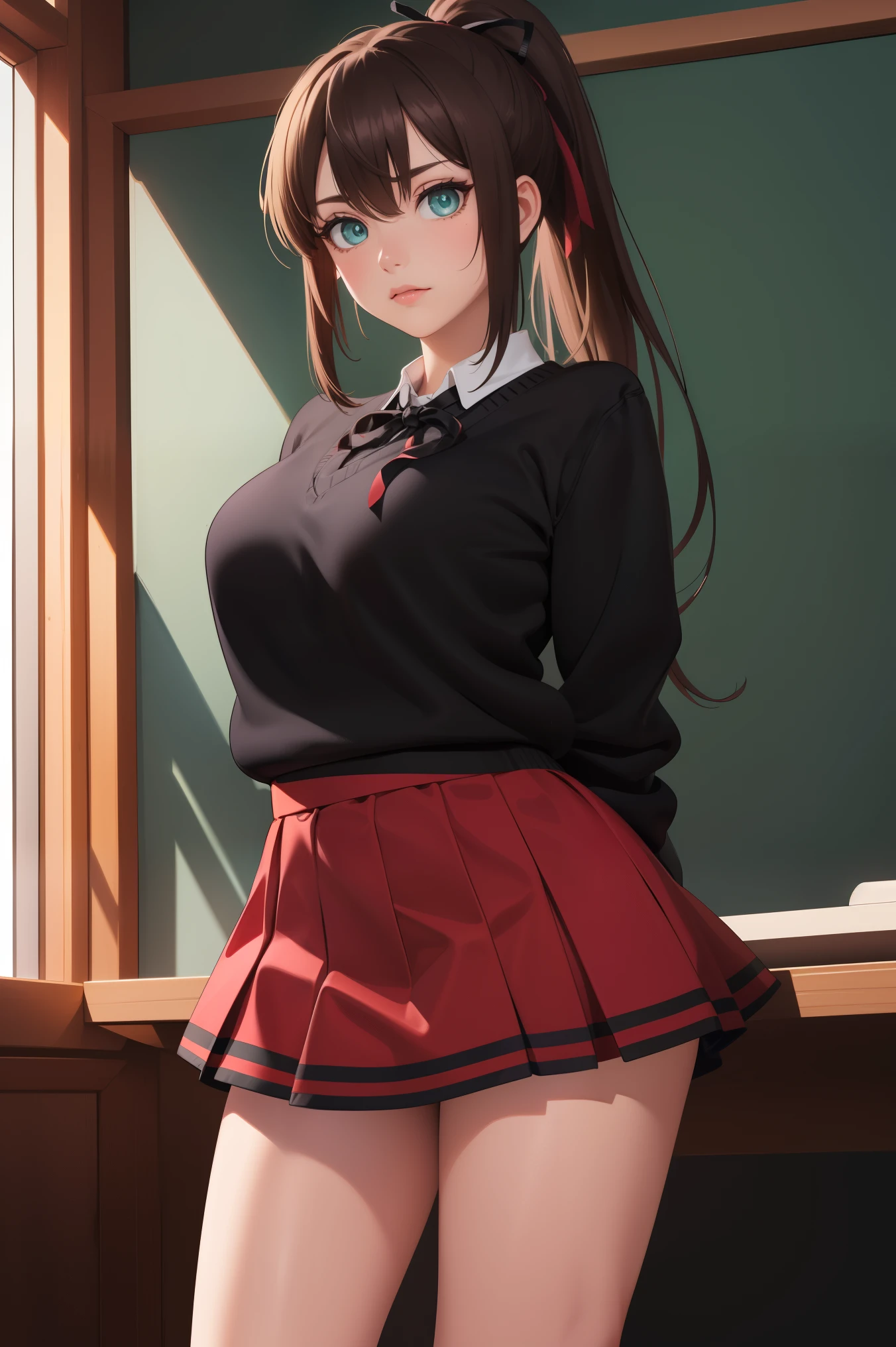 ponytail, hair bow, , green eyes, ( big breasts at the temple:0.6), 
BREAK ((school uniform, black sweater, neck ribbon, black ribbon, red skirt:1.5))
BREAK looking at viewer, ((HANDS BEHIND BACK:1.5)) , depth of field,
BREAK (masterpiece:1.2), best quality, high resolution, unity 8k wallpaper, (illustration:0.8), (beautiful detailed eyes:1.6), extremely detailed face, perfect lighting, extremely detailed CG, (perfect hands, perfect anatomy),