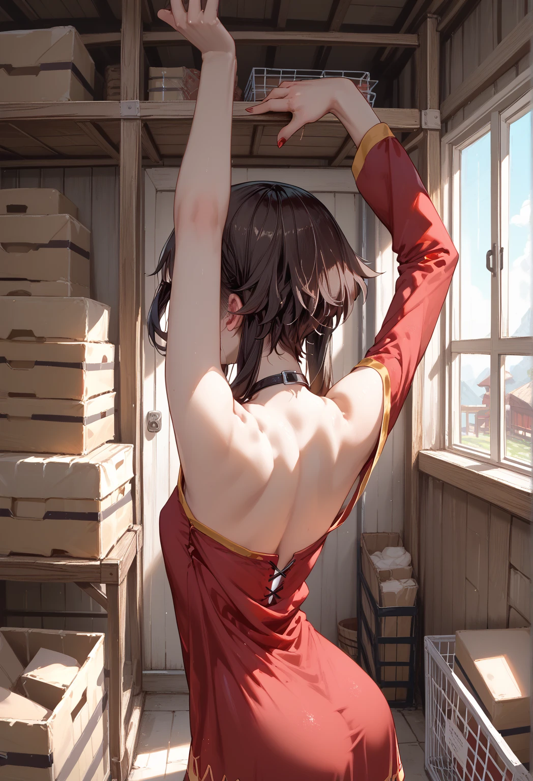 Megumin,sexy, small boobs,Look away、 embarrassed 、Red face, black underwear、The storeroom shed 、The red dress that is about to be taken off、Handstand