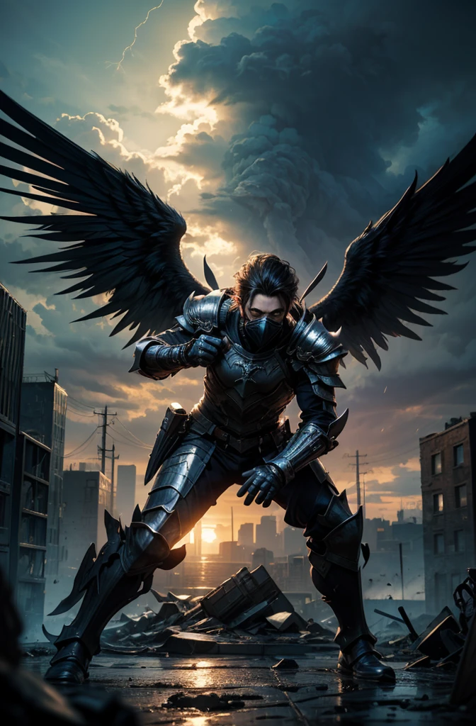  Masterpiece, PHOTOREALISTIC HIGHLY DETAILED 8K PHOTOS , Best Cinematic Quality,  Sleek Haired Boy with Dirty Dark Hair chhdsrmr hlhdsrmr nhdsrmr,  Fighting Stance ,   Dramatic Thunderstorm on Cityscape Background ,( mask ),(Black Armor)
(Wings on your back),(whole body), cowboy shot, 
((kick)),(facing forward),( flying)