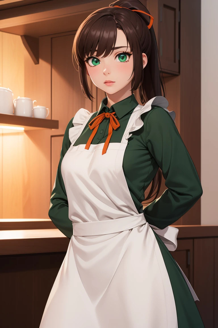 ponytail, hair bow, , green eyes, ( big breasts at the temple:0.6), 
BREAK ((green long sleeve dress, white apron, orange neck ribbon, ,glowify:1.5))
BREAK looking at viewer, ((HANDS BEHIND BACK:1.5)) , depth of field,
BREAK (masterpiece:1.2), best quality, high resolution, unity 8k wallpaper, (illustration:0.8), (beautiful detailed eyes:1.6), extremely detailed face, perfect lighting, extremely detailed CG, (perfect hands, perfect anatomy),