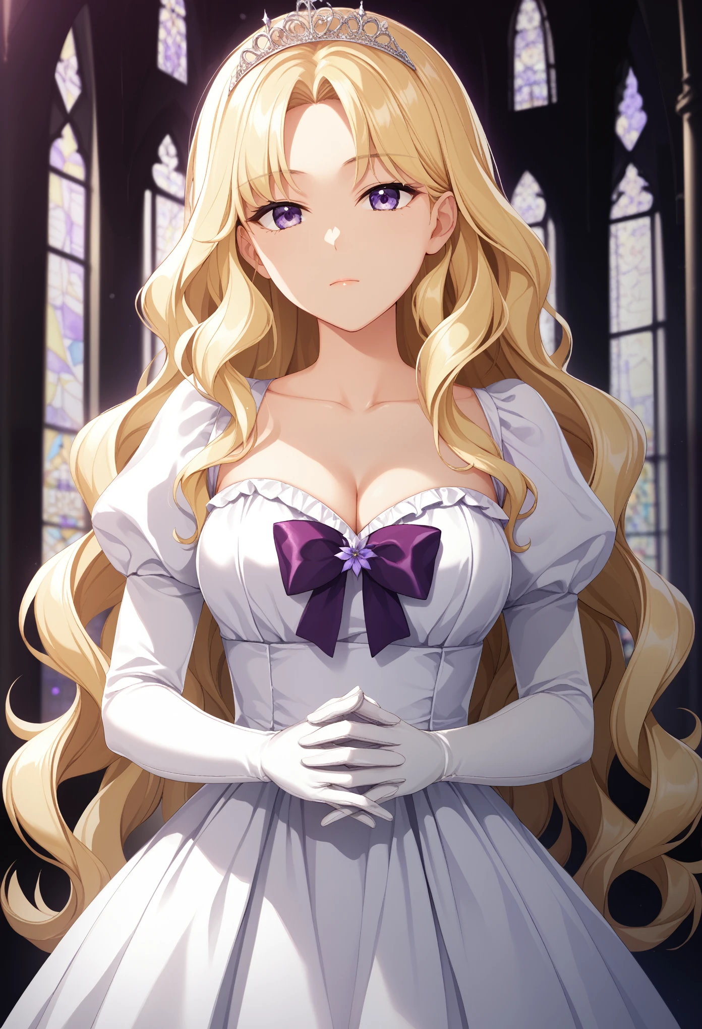 score_9, score_8_up, score_7_up, 1girl, blonde hair, solo, long hair, flower, satin dress, tiara, white dress, satin gloves, long sleeves, purple eyes, white gloves, purple bow, purple flower, wavy hair, standing, bow, jewelry, looking at viewer, white background, closed mouth, collarbone, puffy sleeves, own hands together, upper body, parted bangs, very long hair, dark purple dress, frills, bangs, cowboy shot, breast, cleavage, cathedral, dark theme, purple light, oficial game cg, masterpiece, best quality, very aesthetic, absurdres