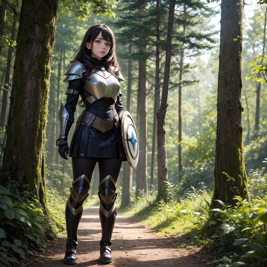 Girl,  with thick hair, wearing carbon armor, holding shield, short carbon skirt, standing in the middle of the forest