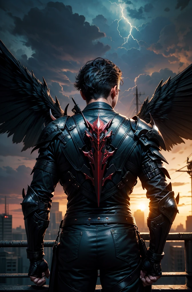  Masterpiece, PHOTOREALISTIC HIGHLY DETAILED 8K PHOTOS , Best Cinematic Quality,  Sleek Haired Boy with Dirty Dark Hair chhdsrmr hlhdsrmr nhdsrmr,  Fighting Stance ,   Dramatic Thunderstorm on Cityscape Background ,( mask ),(Black Armor)
(Wings on your back),(whole body), cowboy shot, (銃を撃ってる),(facing forward),( flying)