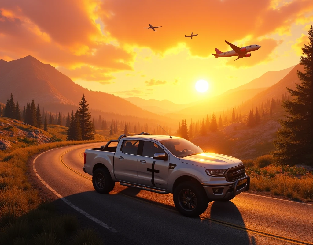 masterpiece, best quality, Far cry 5, Montana, a white pickup truck with a black cross on the door is driving along the road against the sunset background, Far cry 5, Montana, a white pickup truck with a black cross on the door is driving along the road against the background of sunset, a bright yellow valley, against the background of forests, hills, airplanes in the sky shooting along the road, orange sky