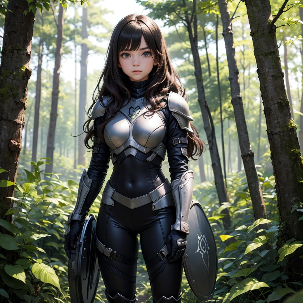 Young  girl with thick hair wearing carbon armor holding shield standing in the middle of the forest