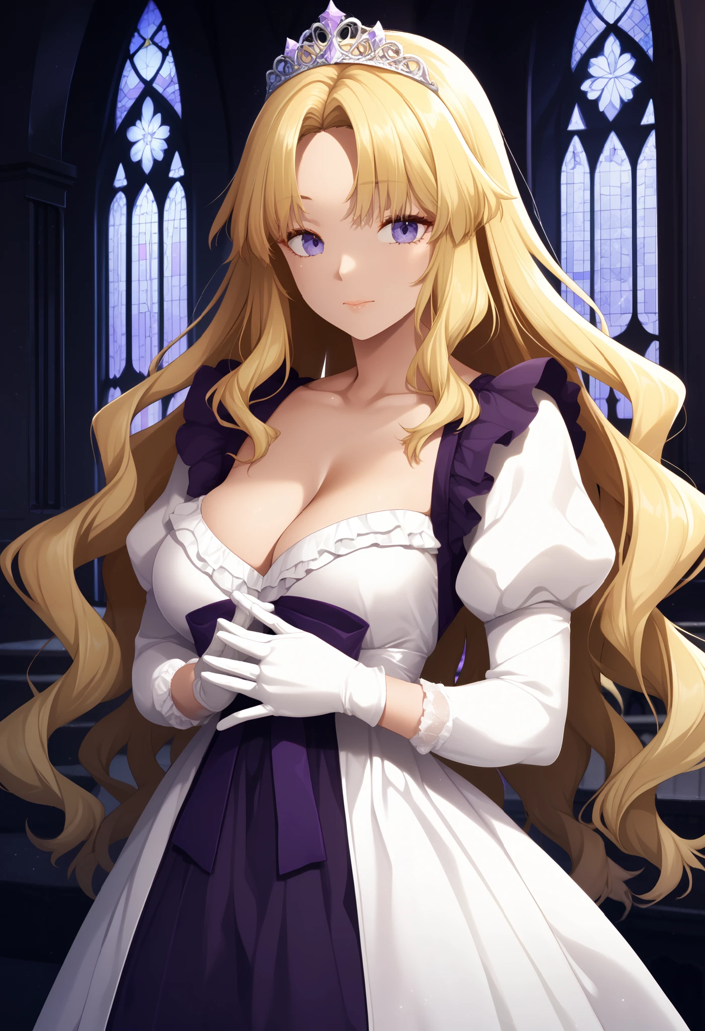 by ao banana, score_9, score_8_up, score_7_up, 1girl, blonde hair, solo, long hair, flower, satin dress, tiara, white dress, satin gloves, long sleeves, purple eyes, white gloves, purple bow, purple flower, wavy hair, standing, bow, jewelry, looking at viewer, white background, closed mouth, collarbone, puffy sleeves, own hands together, upper body, parted bangs, very long hair, dark purple dress, frills, bangs, cowboy shot, breast, cleavage, cathedral, dark theme, purple light, oficial game cg, masterpiece, best quality, very aesthetic, absurdres