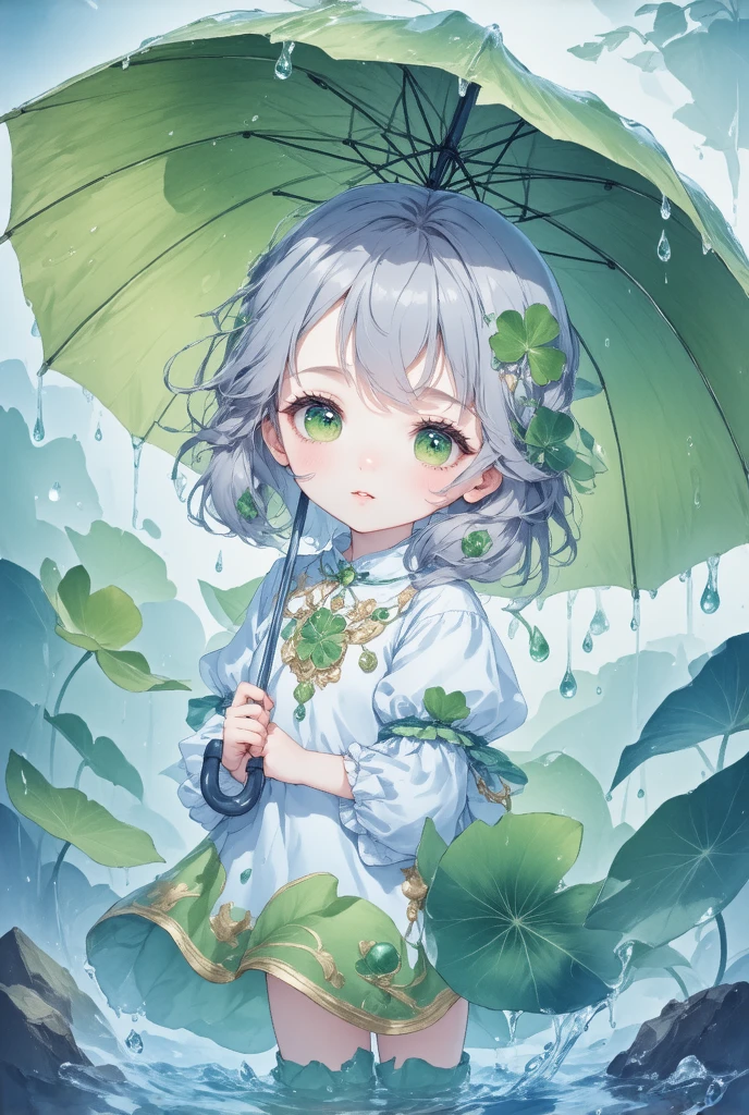  This painting depicts a cute animated character ,Squat, with light grey hair , with a few green hairs , big green eyes ,Four-leaf clover-shaped pupils,Light skin color 。 wearing a white-green dress with gold decorations, with green ornaments on her 。 The character holds a huge green leaf , appears to be an umbrella , shields her from the wind and rain 。 You can see from the drops and drops of water around her , The surrounding environment indicates that it is a rainy day 。