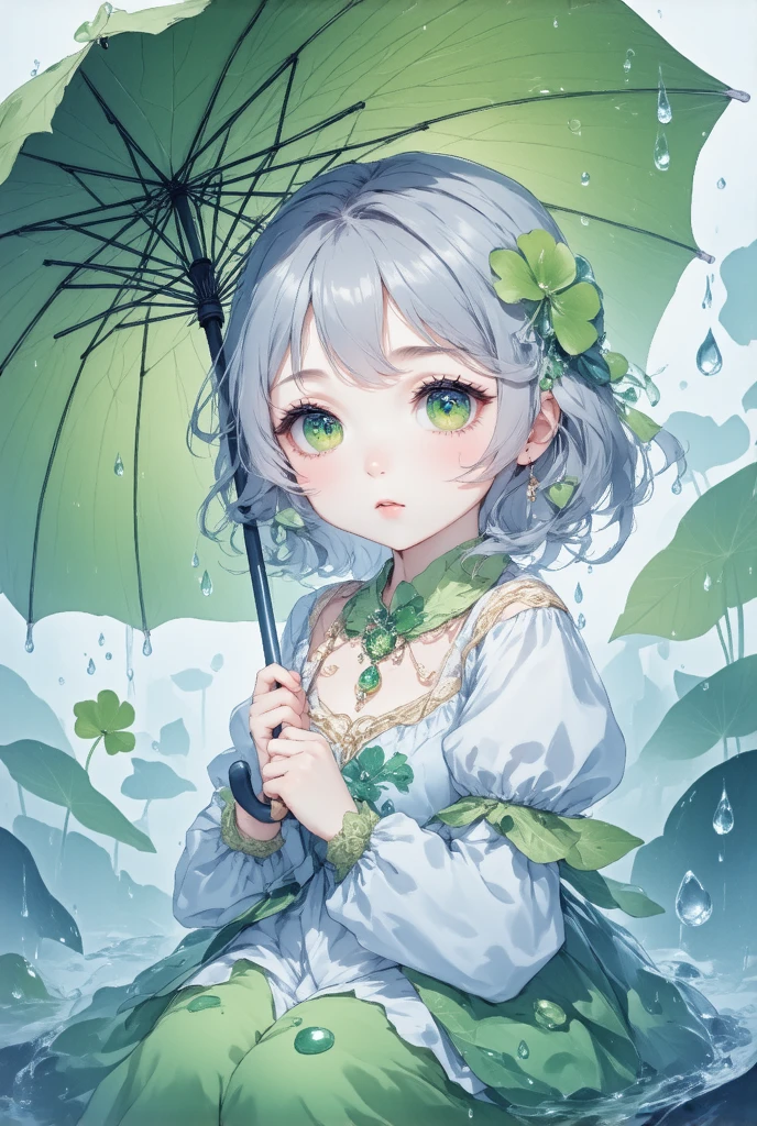  This painting depicts a cute animated character ,Squat, with light grey hair , with a few green hairs , big green eyes ,Four-leaf clover-shaped pupils,Light skin color 。 wearing a white-green dress with gold decorations, with green ornaments on her 。 The character holds a huge green leaf , appears to be an umbrella , shields her from the wind and rain 。 You can see from the drops and drops of water around her , The surrounding environment indicates that it is a rainy day 。