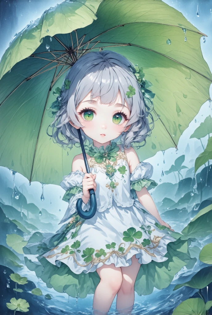  This painting depicts a cute animated character ,Squat, with light grey hair , with a few green hairs , big green eyes ,Four-leaf clover-shaped pupils,Light skin color 。 wearing a white-green dress with gold decorations, with green ornaments on her 。 The character holds a huge green leaf , appears to be an umbrella , shields her from the wind and rain 。 You can see from the drops and drops of water around her , The surrounding environment indicates that it is a rainy day 。