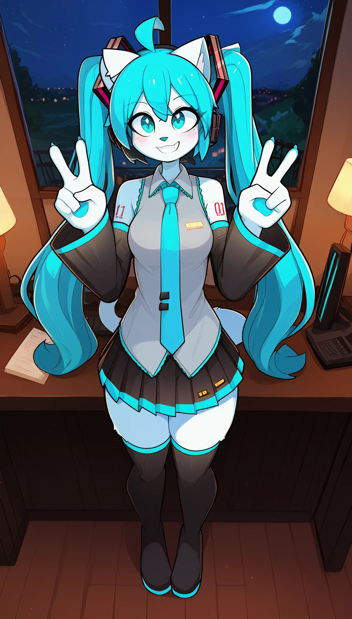 Cute expression, cute grin, cute eyes, 1girl, anthro, furry, white fur, white body, fluffy fur, cat girl, blue eyes, (19-year-old), cat ears, medium breast, thick thighs, solo, (bedroom), (night), detailed, black stockings, (kilinah), miku hatsune, ahoge, aqua eyes, aqua hair, crossed bangs, hair between eyes, hair ornament, headphones, long hair, twintails, aqua necktie, black footwear, black skirt, black sleeves, boots, collared shirt, detached sleeves, grey shirt, necktie, pleated skirt, shirt, skirt, sleeveless, sleeveless shirt, thigh boots, tie clip, peace sign on both hands, score_9, score_8_up, score_7_up, score_6_up, score_5_up, score_4_up