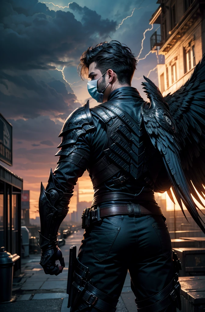  Masterpiece, 8K PHOTOS , Best Cinematic Quality,  Sleek Haired Boy with Dirty Dark Hair chhdsrmr hlhdsrmr nhdsrmr,  Fighting Stance ,   Dramatic Thunderstorm on Cityscape Background ,( mask ),(Black Armor)
(Wings on your back),(whole body), cowboy shot, (銃を撃ってる),(facing forward),( flying)