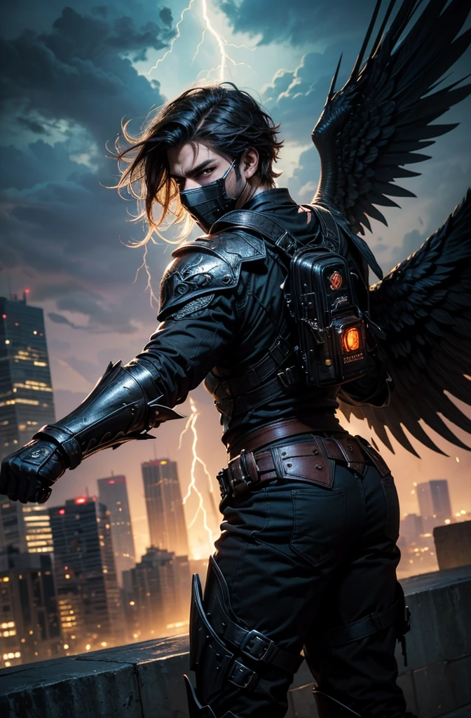  Masterpiece, 8K PHOTOS , Best Cinematic Quality,  Sleek Haired Boy with Dirty Dark Hair chhdsrmr hlhdsrmr nhdsrmr,  Fighting Stance ,   Dramatic Thunderstorm on Cityscape Background ,( mask ),(Black Armor)
(Wings on your back),(whole body), cowboy shot, (銃を撃ってる),(facing forward),( flying)