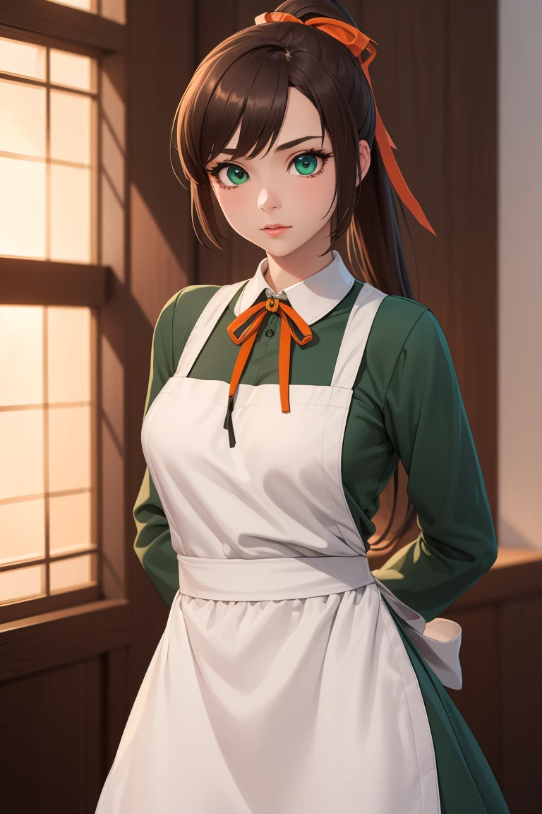 ponytail, hair bow, , green eyes, ( big breasts at the temple:0.6), 
BREAK ((green long sleeve dress, white apron, orange neck ribbon, ,glowify:1.5))
BREAK looking at viewer, ((HANDS BEHIND BACK:1.5)) , depth of field,
BREAK (masterpiece:1.2), best quality, high resolution, unity 8k wallpaper, (illustration:0.8), (beautiful detailed eyes:1.6), extremely detailed face, perfect lighting, extremely detailed CG, (perfect hands, perfect anatomy),