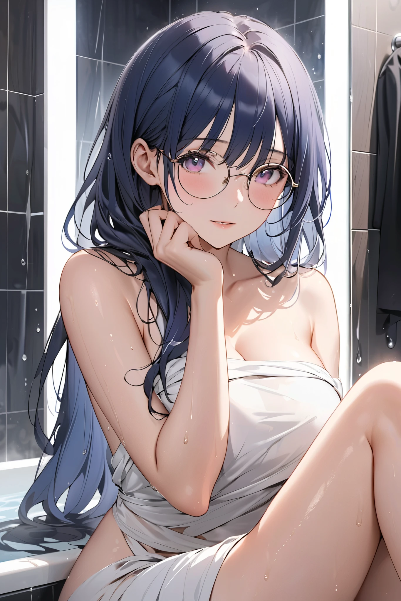 face details,semi realistic, Masterpiece, Master work, perfect , 4k, 1 woman, full body view, wet, office lady, adult woman, half body view, mature body, pink eyes, wearing round glasses, medium breast size, straight half body long hair, middle parted hair style, showing large forehead, yale blue colored hair, pink eyes, shy expression face, wrapped with white bathing towel, sit on bathub edge pose, showing thighs, inside bathroom, high res, ultrasharp, 8K, masterpiece, looking at the viewer (masterpiece), best quality, expressive eyes, perfect face