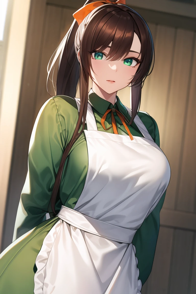 ponytail, hair bow, , green eyes, ( big breasts at the temple:0.6), 
BREAK ((green long sleeve dress, white apron, orange neck ribbon, ,glowify:1.5))
BREAK looking at viewer, ((HANDS BEHIND BACK:1.5)) , depth of field,
BREAK (masterpiece:1.2), best quality, high resolution, unity 8k wallpaper, (illustration:0.8), (beautiful detailed eyes:1.6), extremely detailed face, perfect lighting, extremely detailed CG, (perfect hands, perfect anatomy),